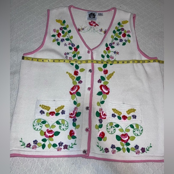 Storybook Knits 3X Floral Embroidered Sweater Vest Cottagecore Pink Trim - Picture 11 of 13